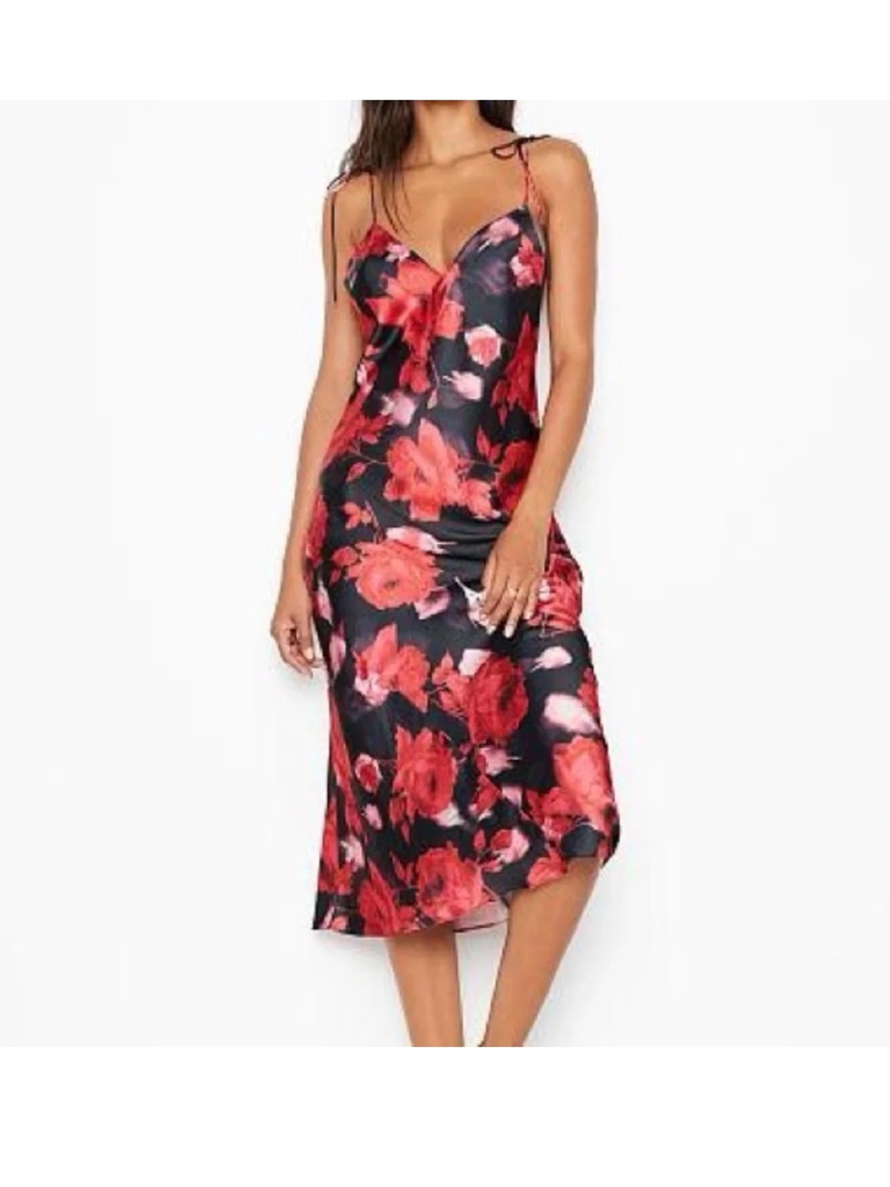 Victoria’s Secret NEW Black Red Rose Floral Print Slip Midi Dress Large